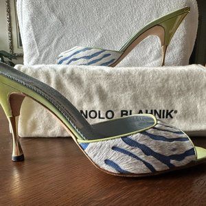 Manolo denim zebra slides